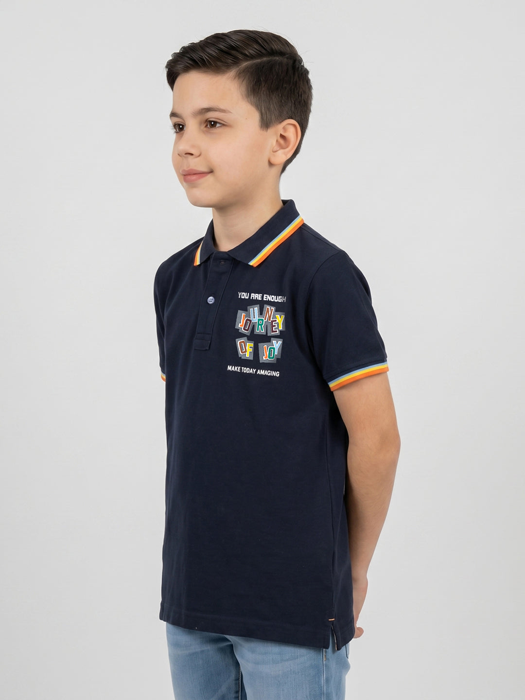 Boys Navy Blue Printed Collar Half Sleeve T-Shirt