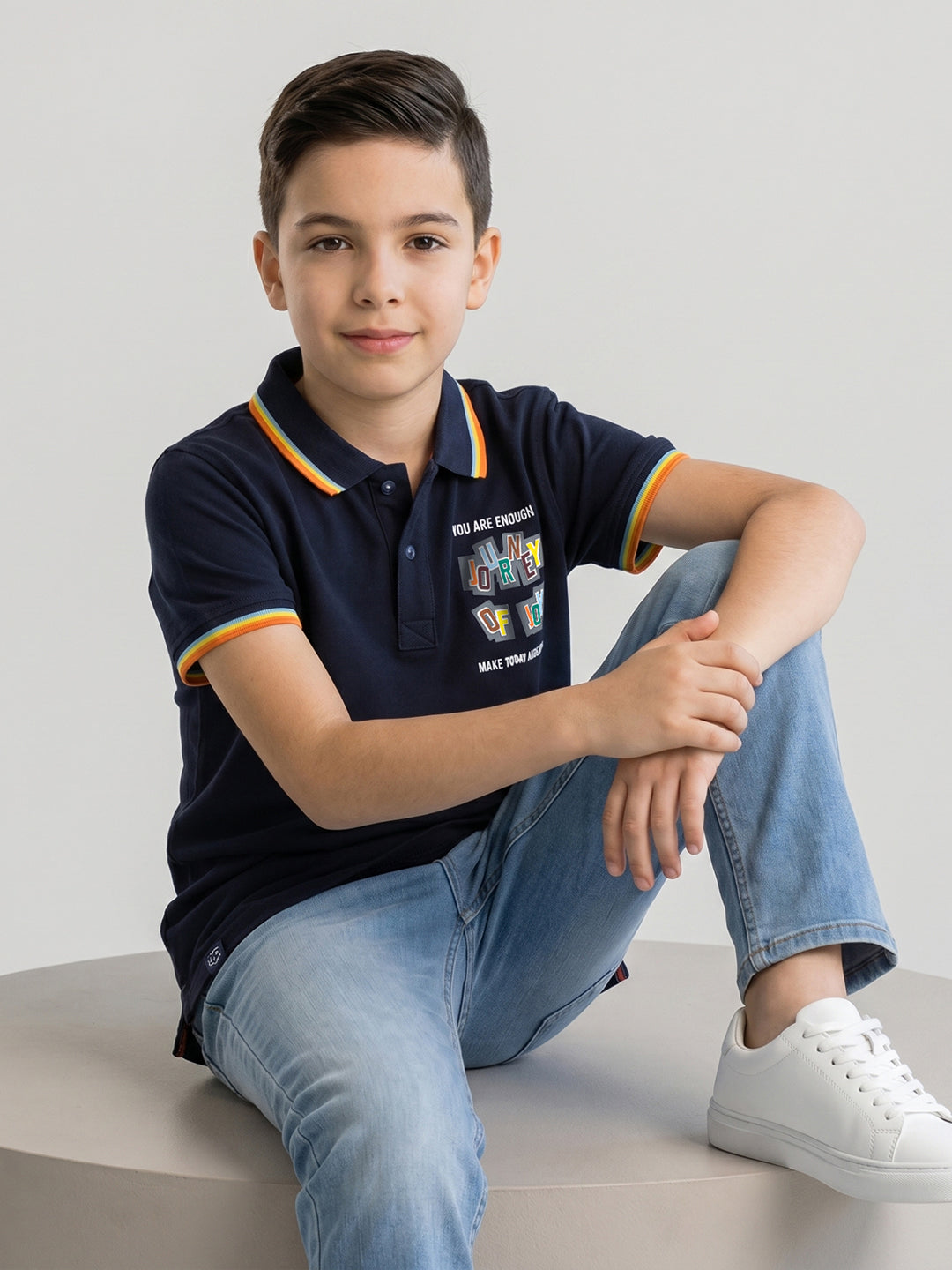 Boys Navy Blue Printed Collar Half Sleeve T-Shirt