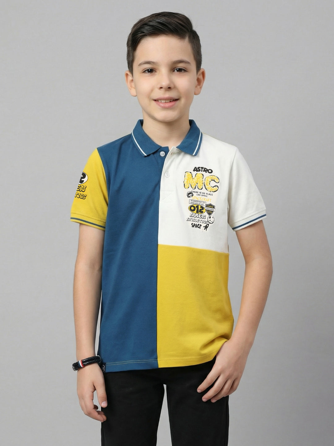 Boys Yellow Printed Collar Half Sleeve T-Shirt