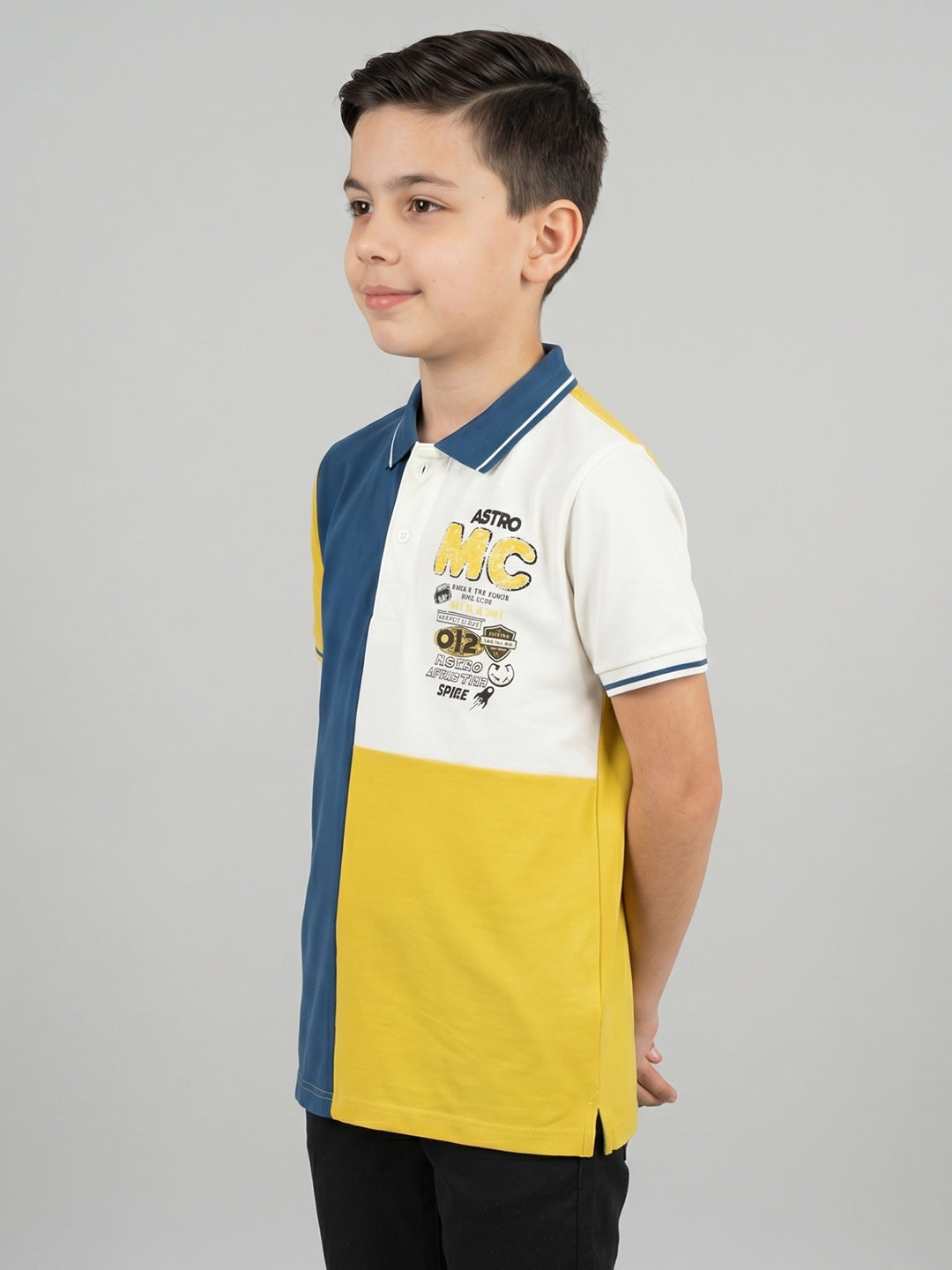 Boys Yellow Printed Collar Half Sleeve T-Shirt