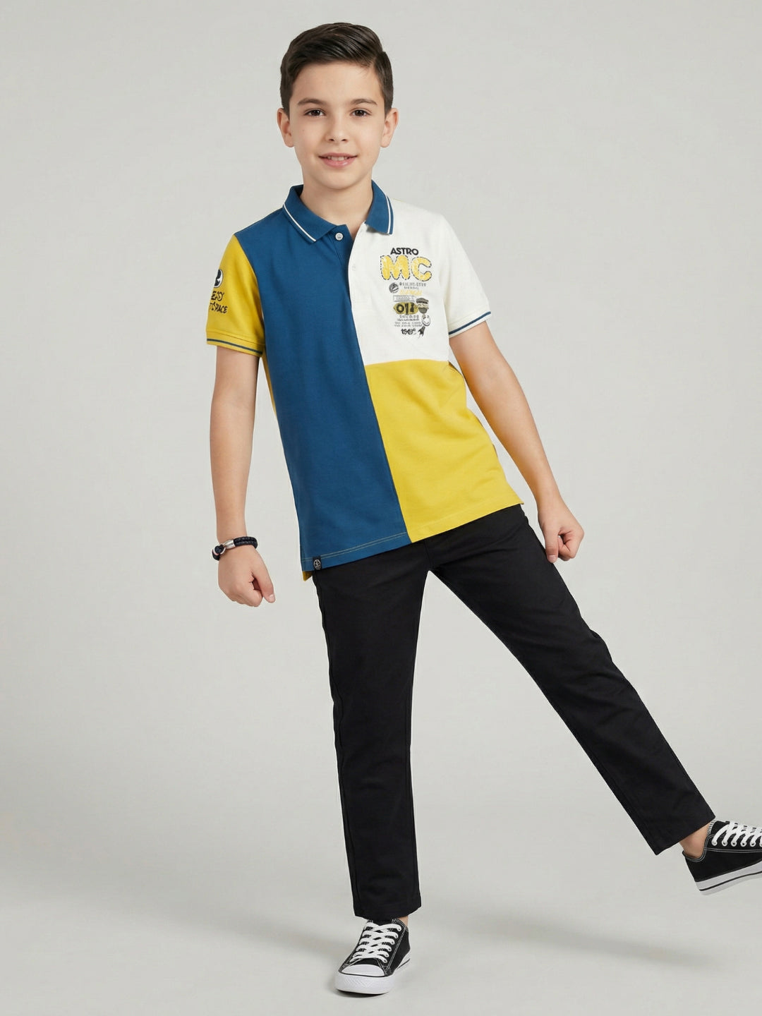 Boys Yellow Printed Collar Half Sleeve T-Shirt