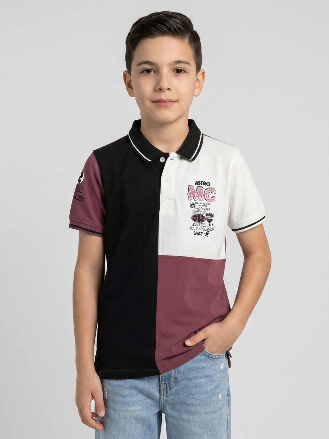 Boys Burgundy Printed Collar Half Sleeve T-Shirt