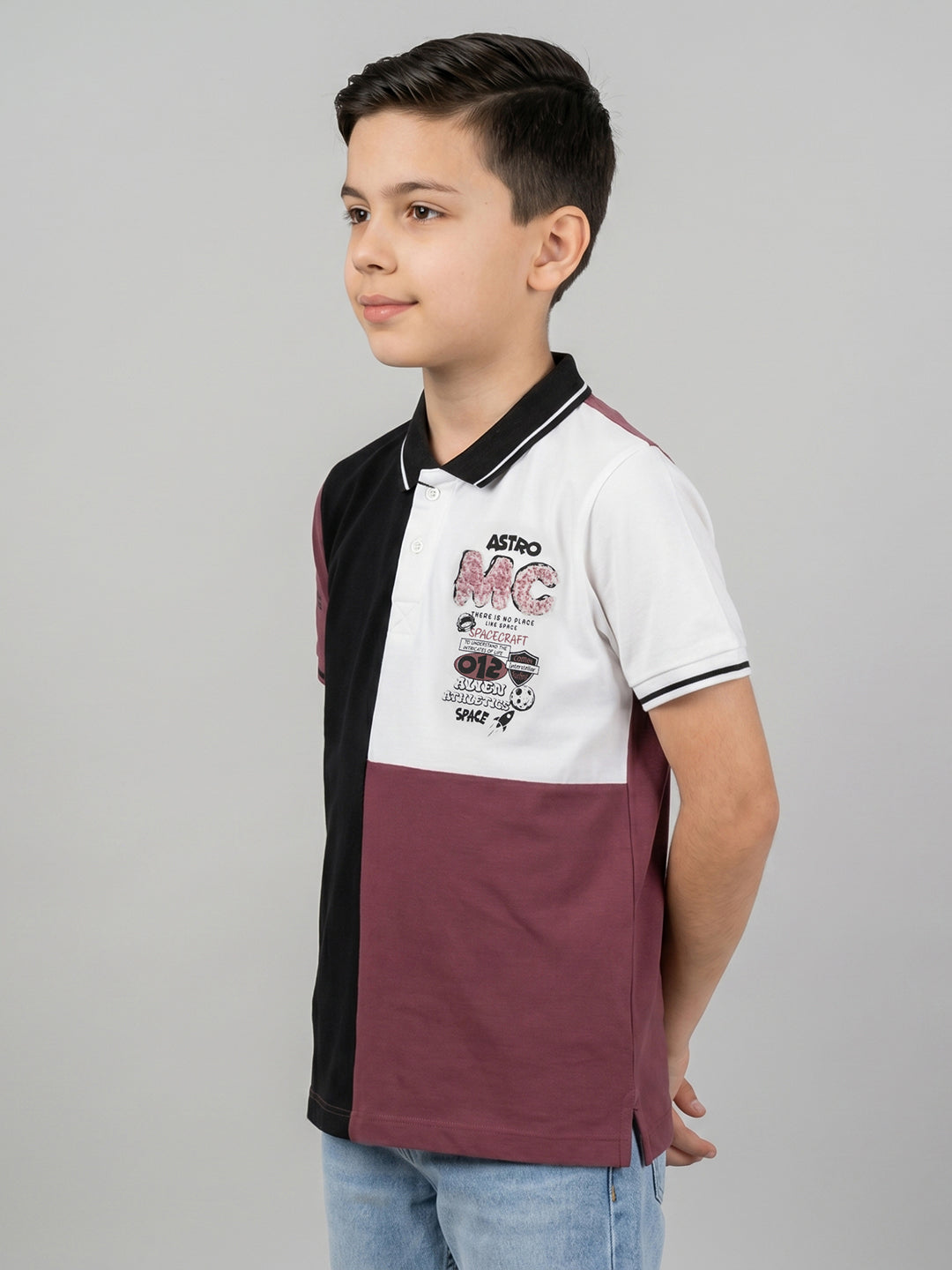 Boys Burgundy Printed Collar Half Sleeve T-Shirt