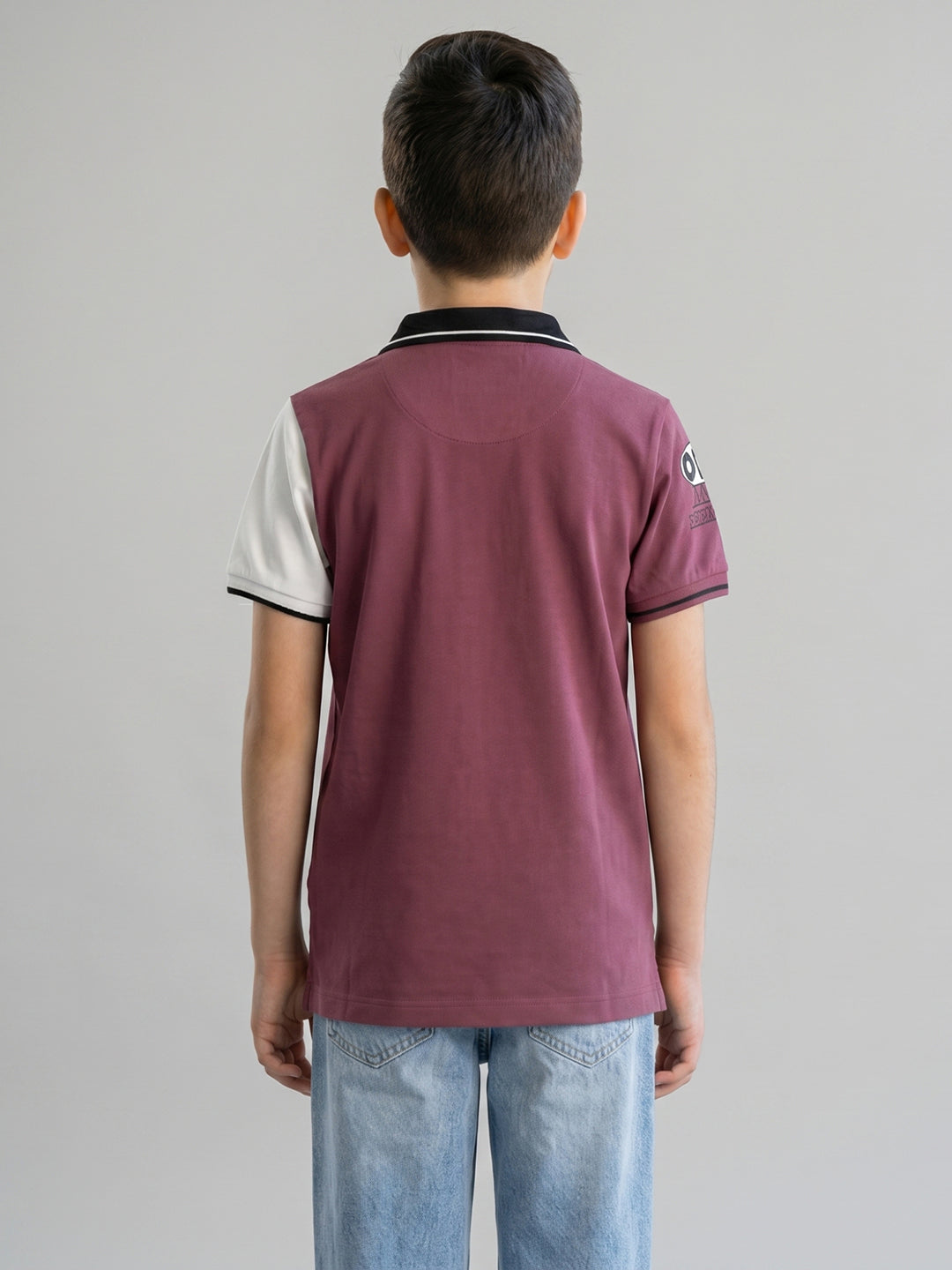 Boys Burgundy Printed Collar Half Sleeve T-Shirt
