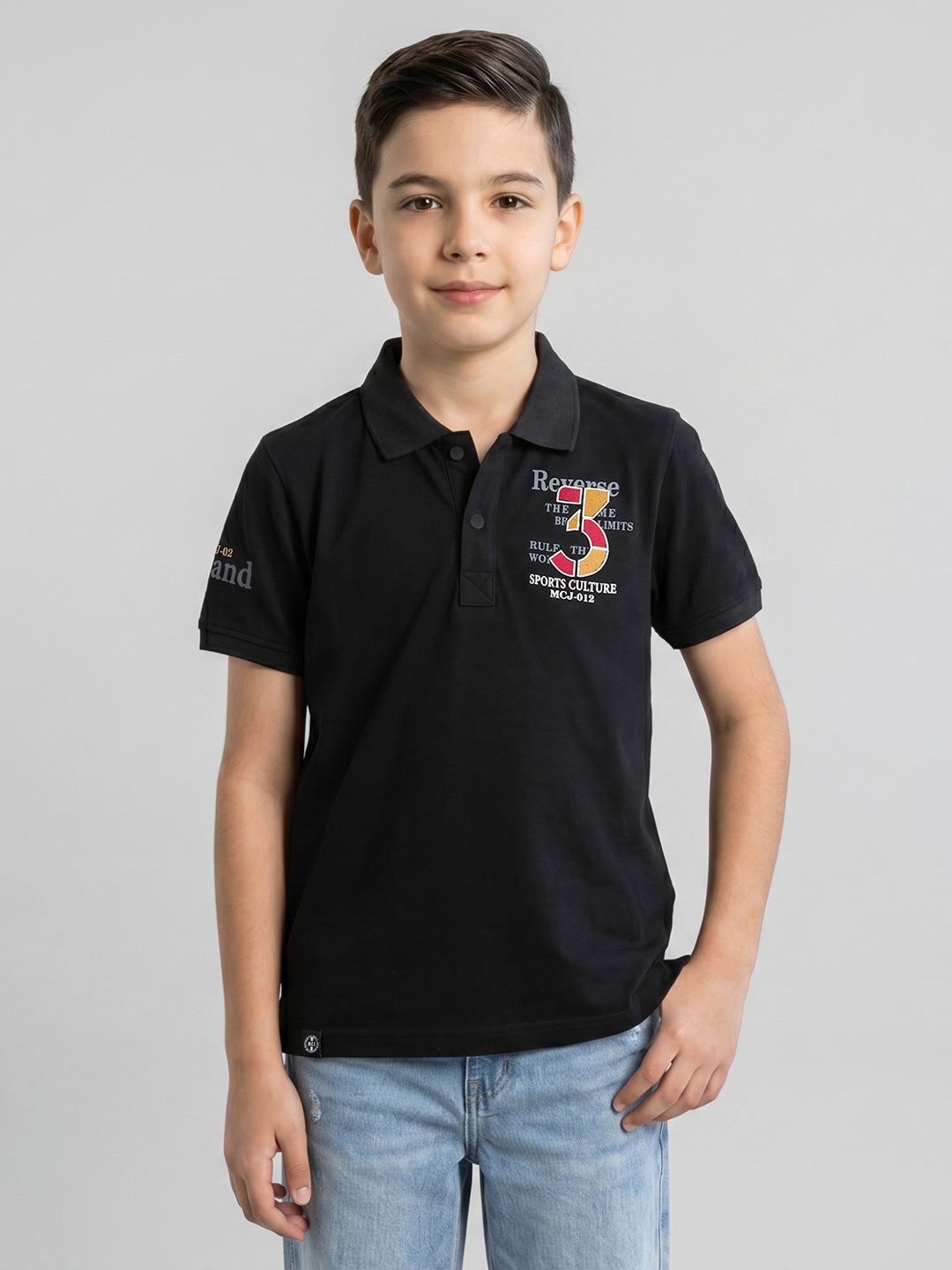 Boys Black Printed Collar Half Sleeve T-Shirt