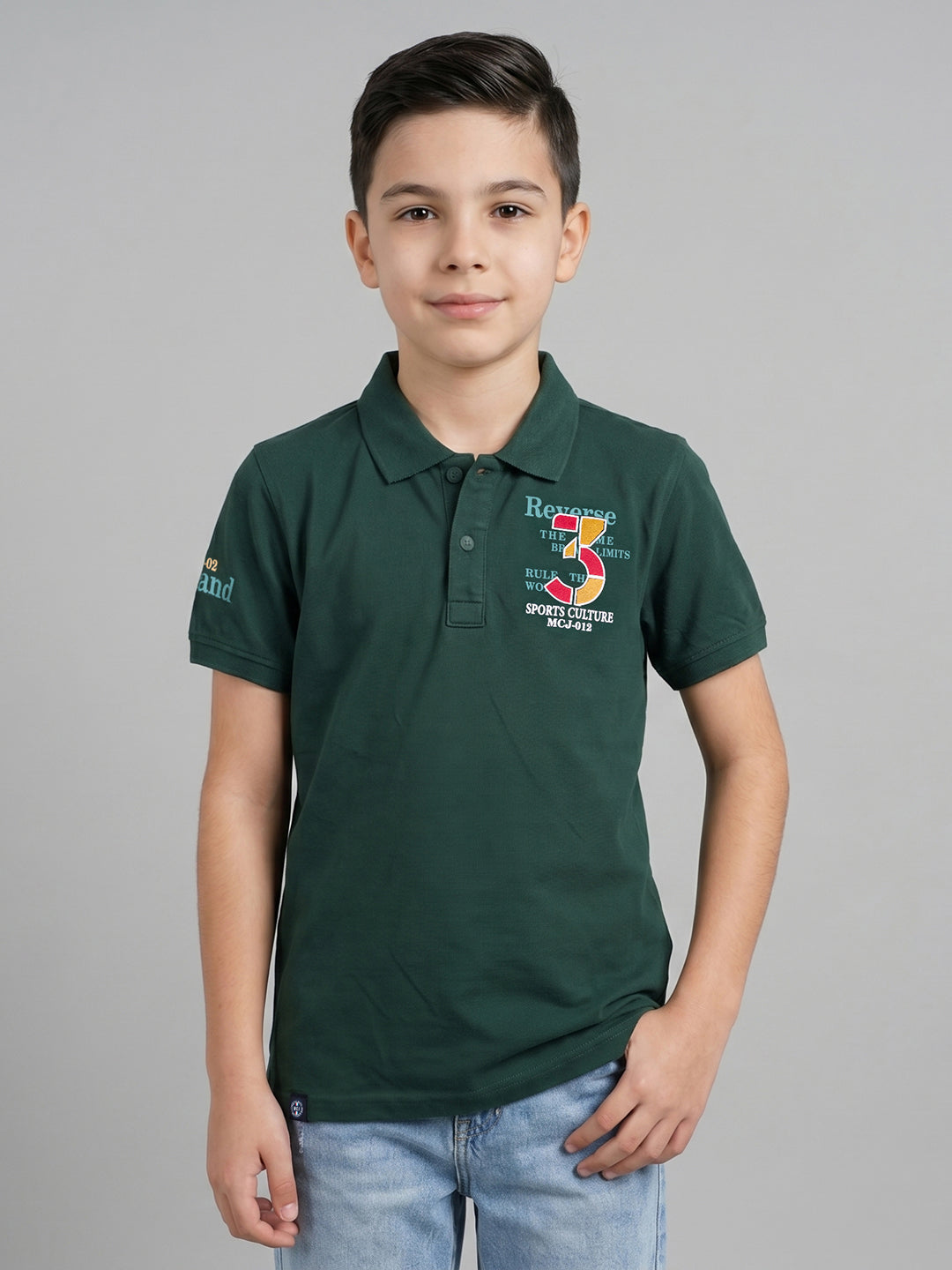 Boys Green Printed Collar Half Sleeve T-Shirt