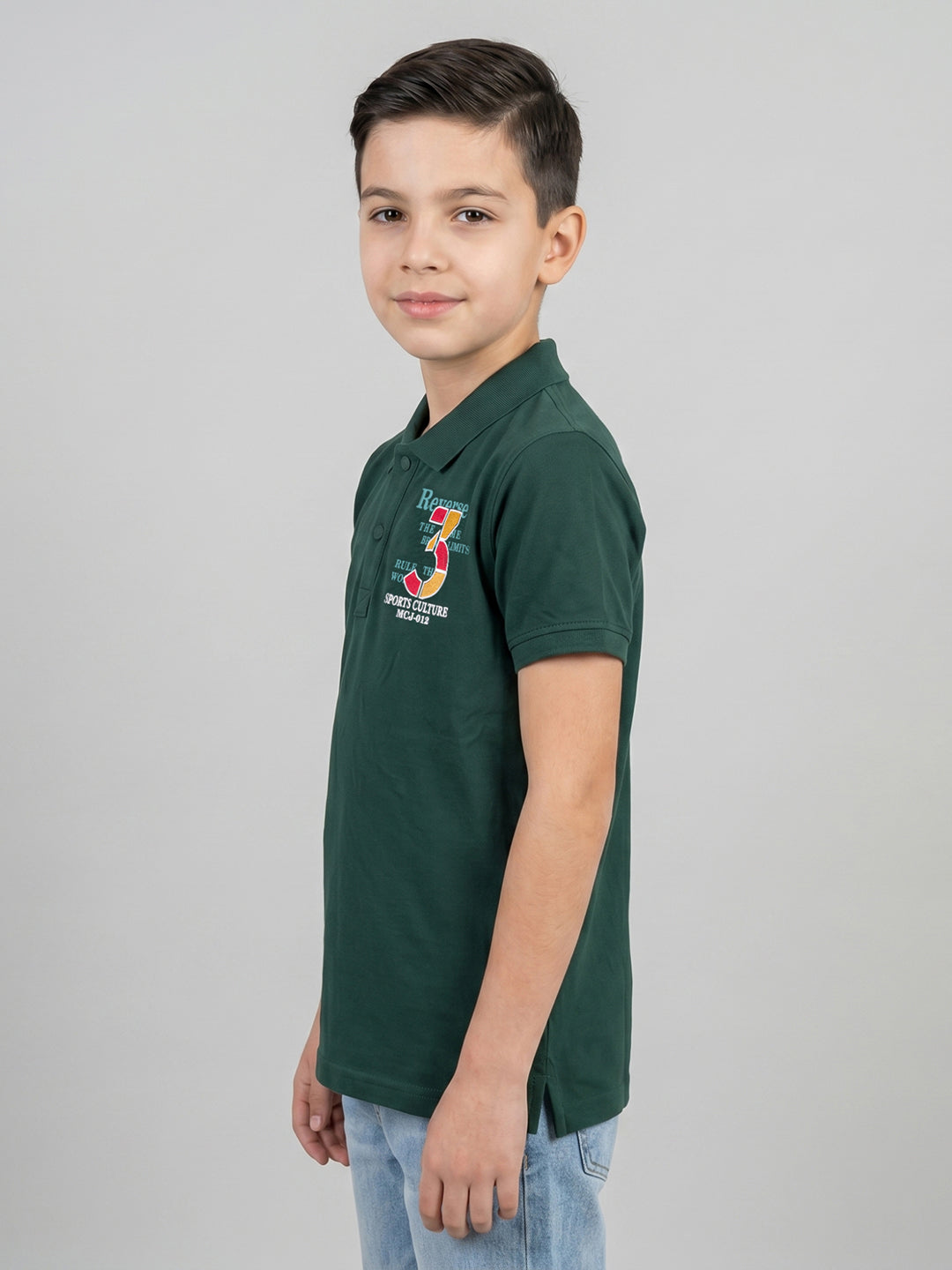 Boys Green Printed Collar Half Sleeve T-Shirt