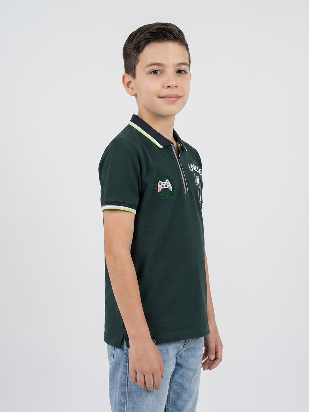 Boys Dark Green Printed Collar Half Sleeve T-Shirt