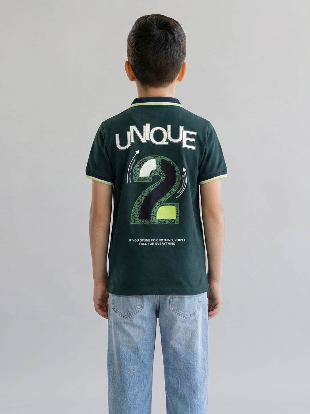 Boys Dark Green Printed Collar Half Sleeve T-Shirt