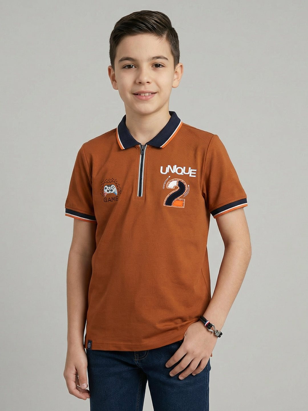 Boys Tan Printed Collar Half Sleeve T-Shirt