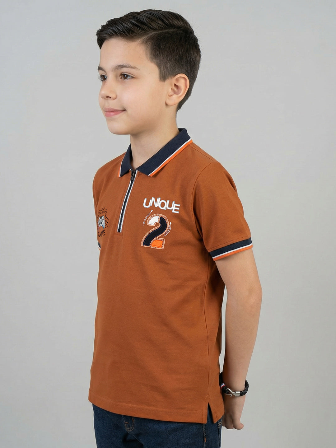 Boys Tan Printed Collar Half Sleeve T-Shirt