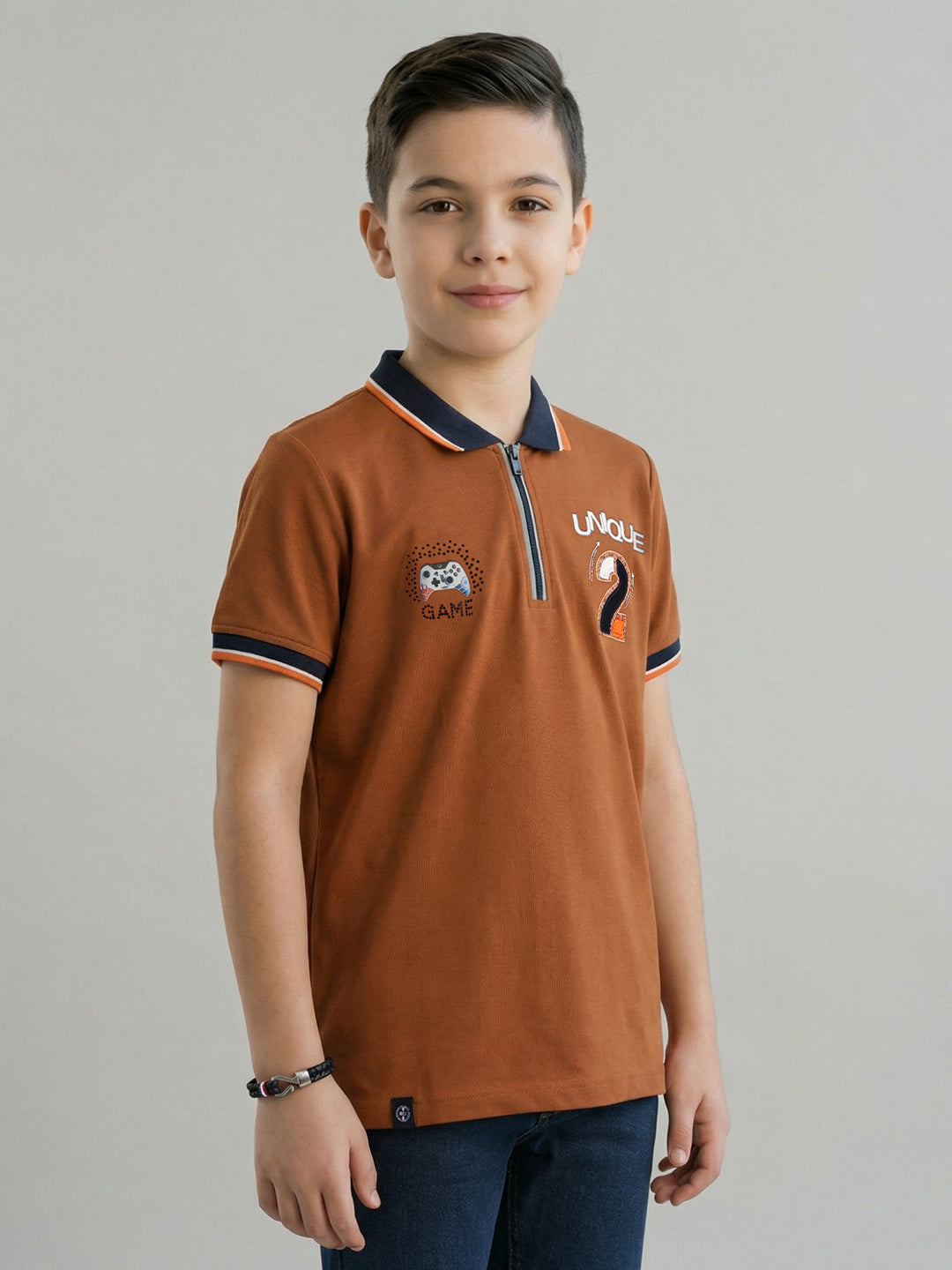 Boys Tan Printed Collar Half Sleeve T-Shirt