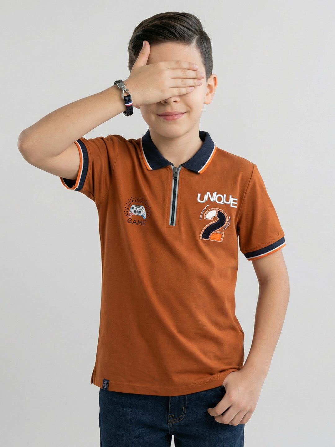 Boys Tan Printed Collar Half Sleeve T-Shirt