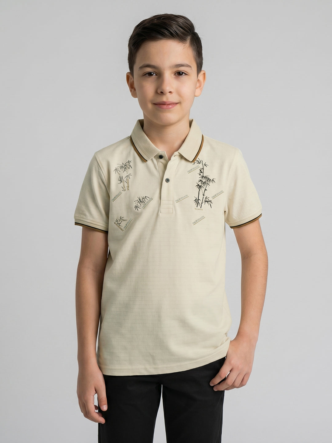 Boys Cream Printed Collar Half Sleeve T-Shirt