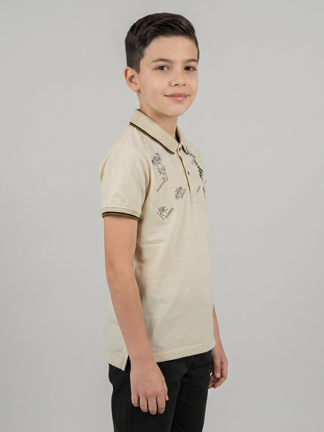 Boys Cream Printed Collar Half Sleeve T-Shirt