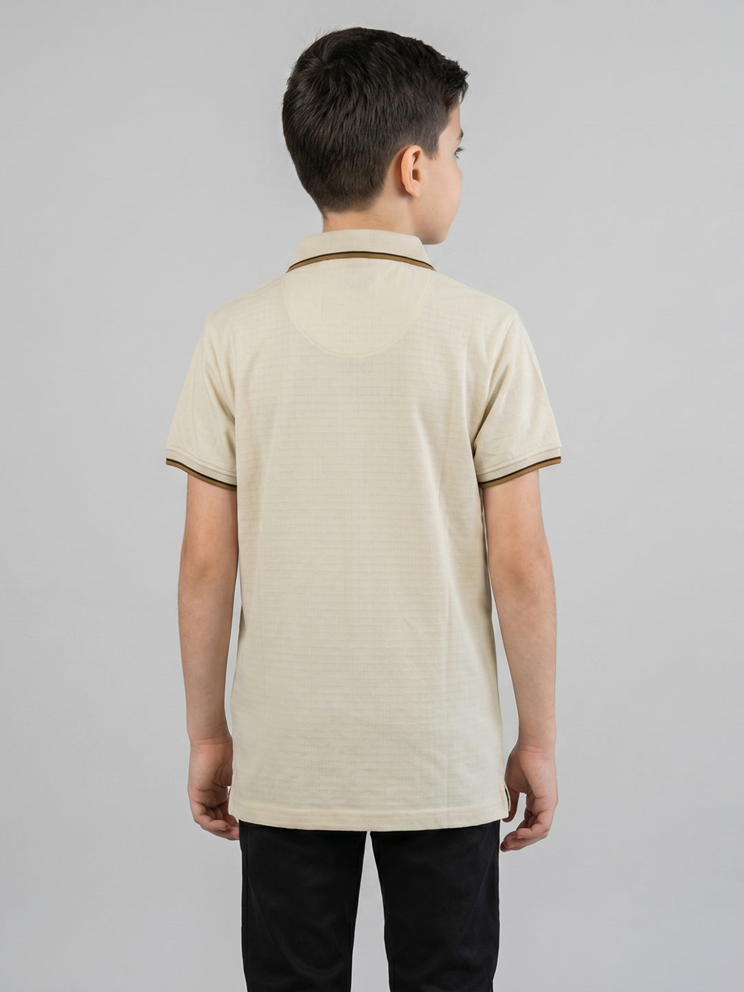 Boys Cream Printed Collar Half Sleeve T-Shirt