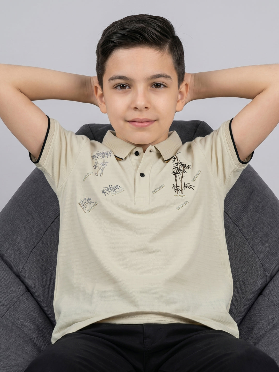Boys Cream Printed Collar Half Sleeve T-Shirt