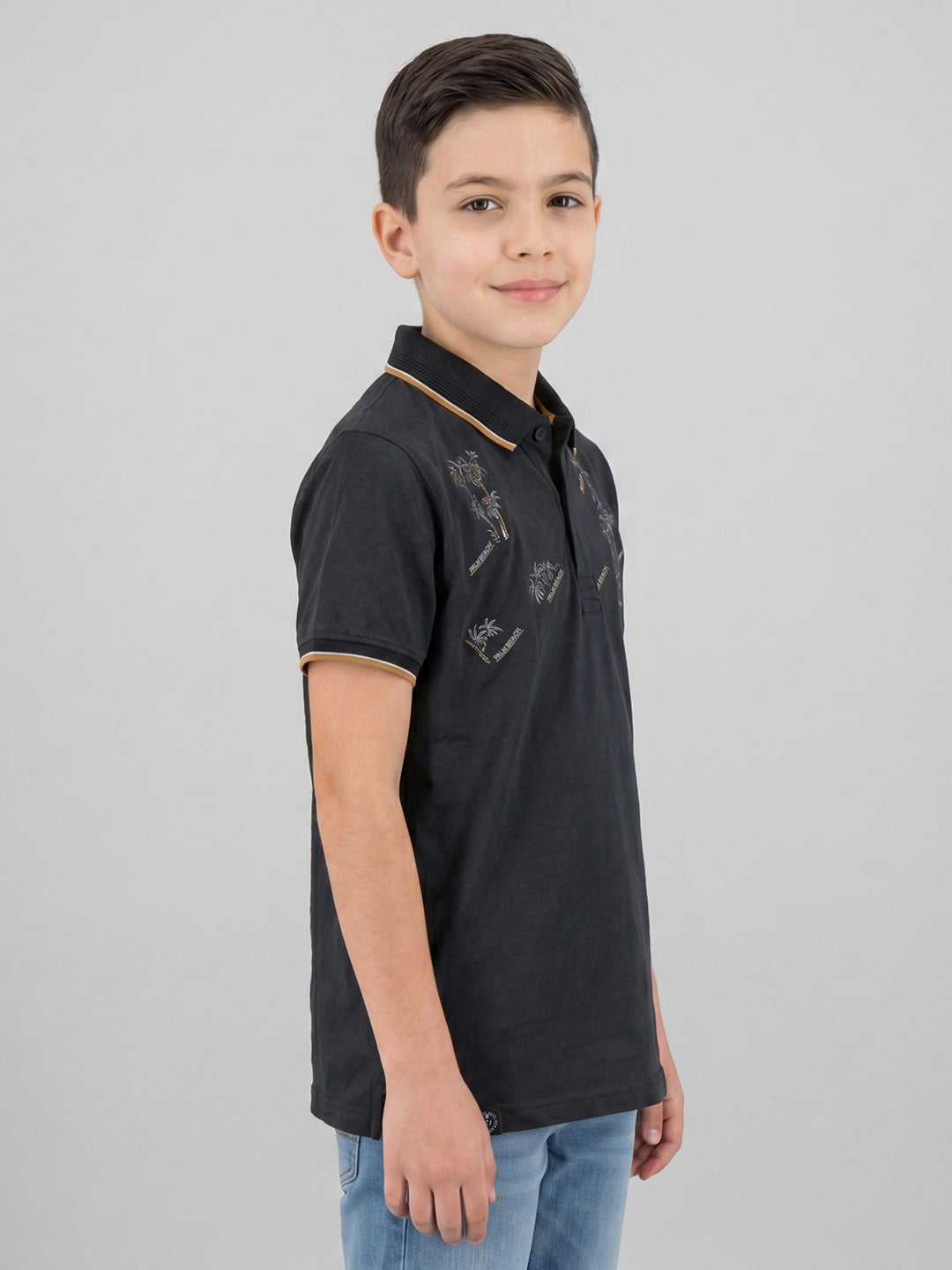 Boys Black Printed Collar Half Sleeve T-Shirt