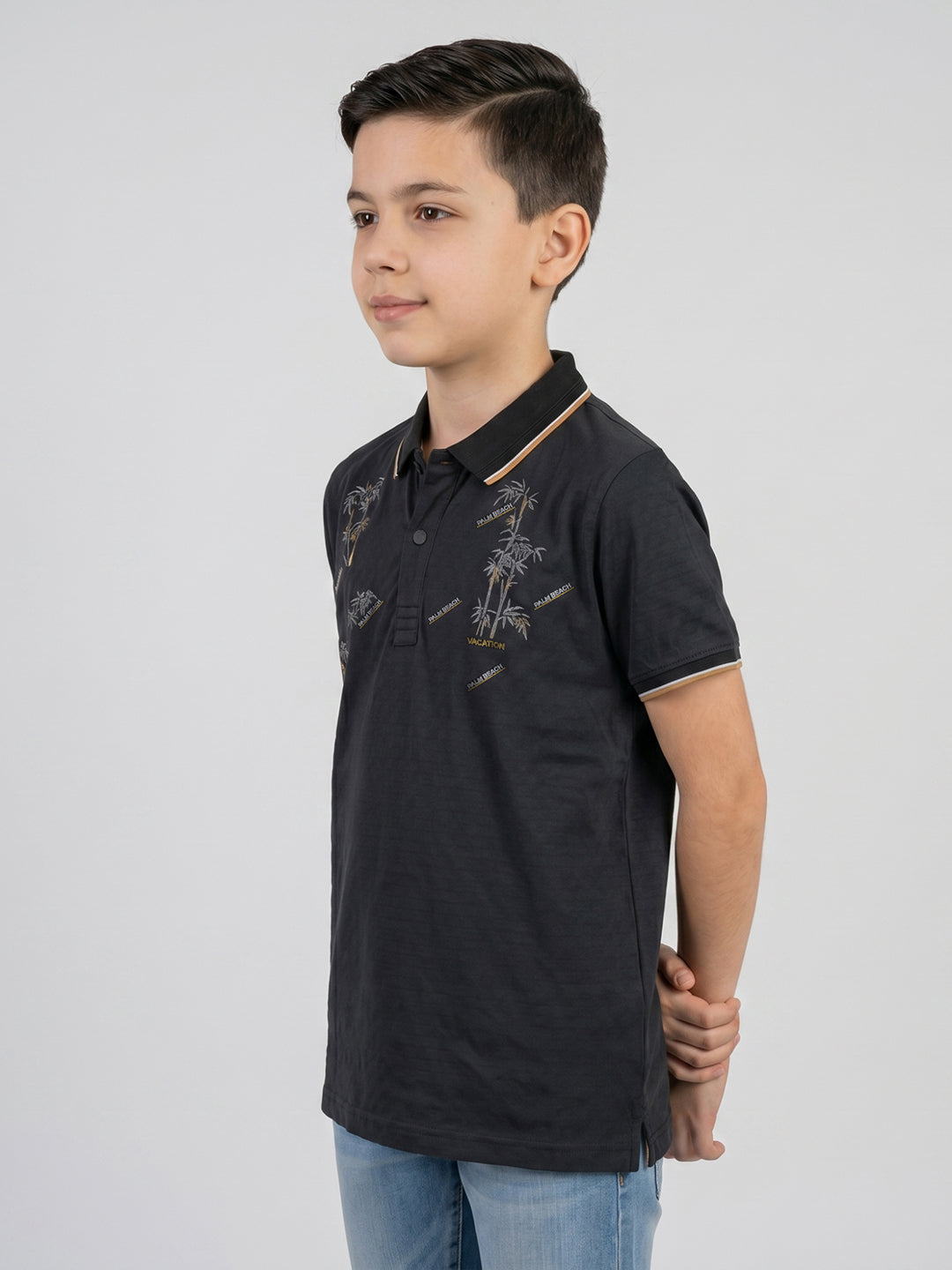 Boys Black Printed Collar Half Sleeve T-Shirt
