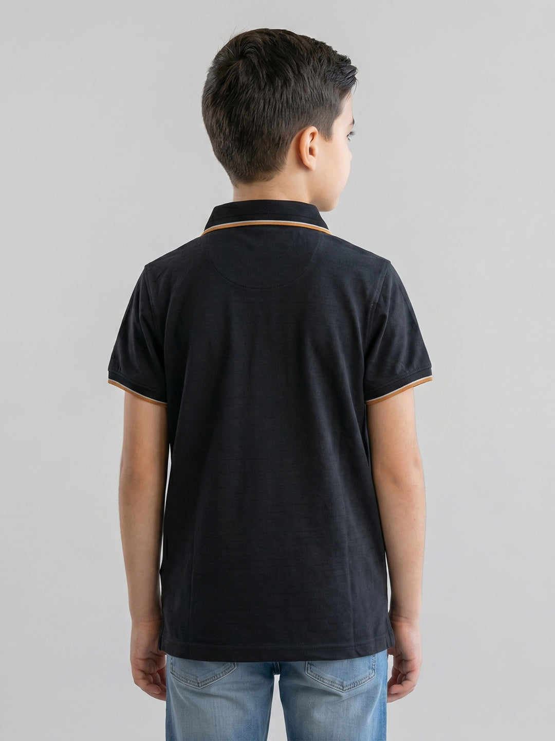 Boys Black Printed Collar Half Sleeve T-Shirt