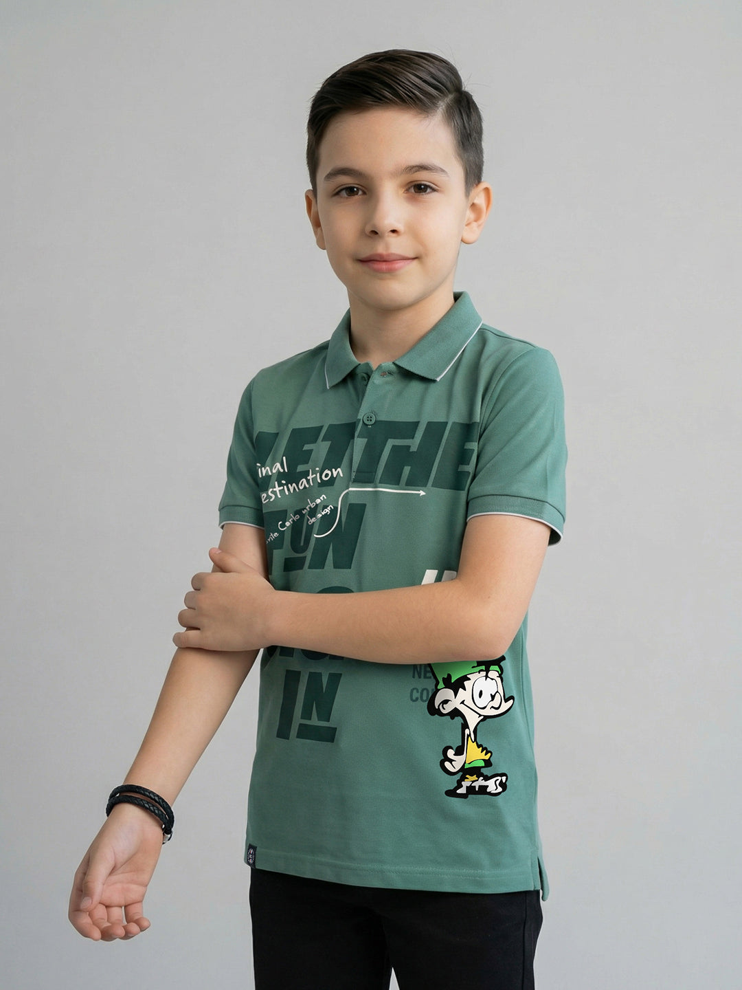 Boys Olive Printed Collar Half Sleeve T-Shirt