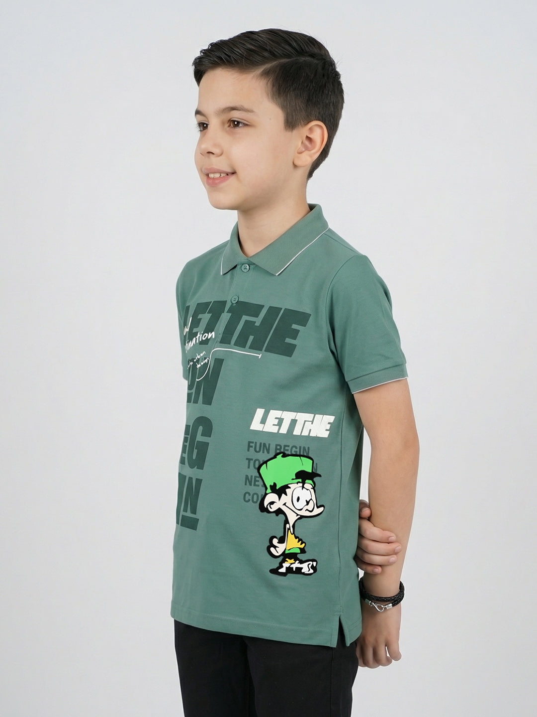 Boys Olive Printed Collar Half Sleeve T-Shirt