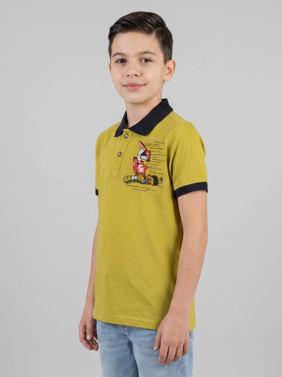 Boys Mustard Printed Collar Half Sleeve T-Shirt