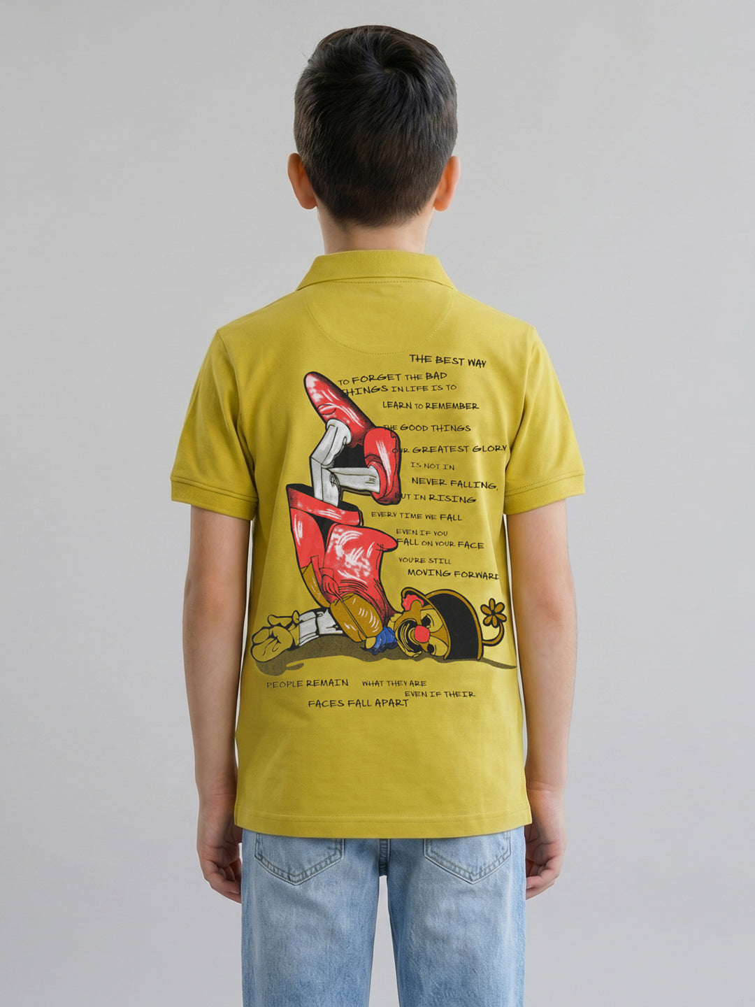 Boys Mustard Printed Collar Half Sleeve T-Shirt