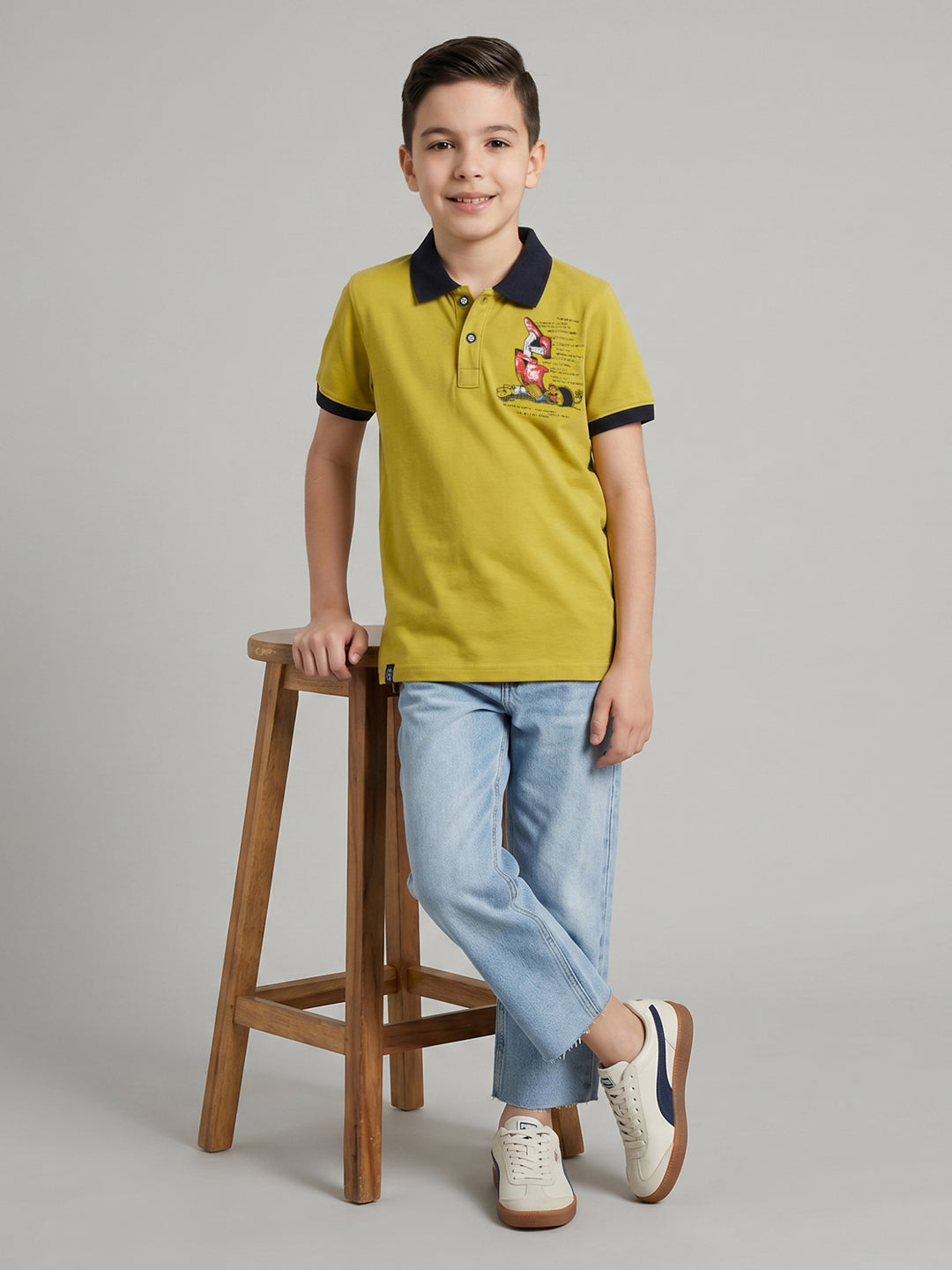 Boys Mustard Printed Collar Half Sleeve T-Shirt