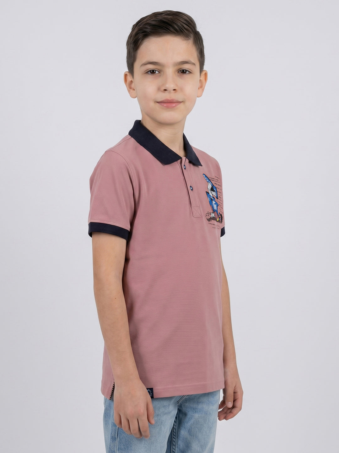 Boys Rose Red Printed Collar Half Sleeve T-Shirt
