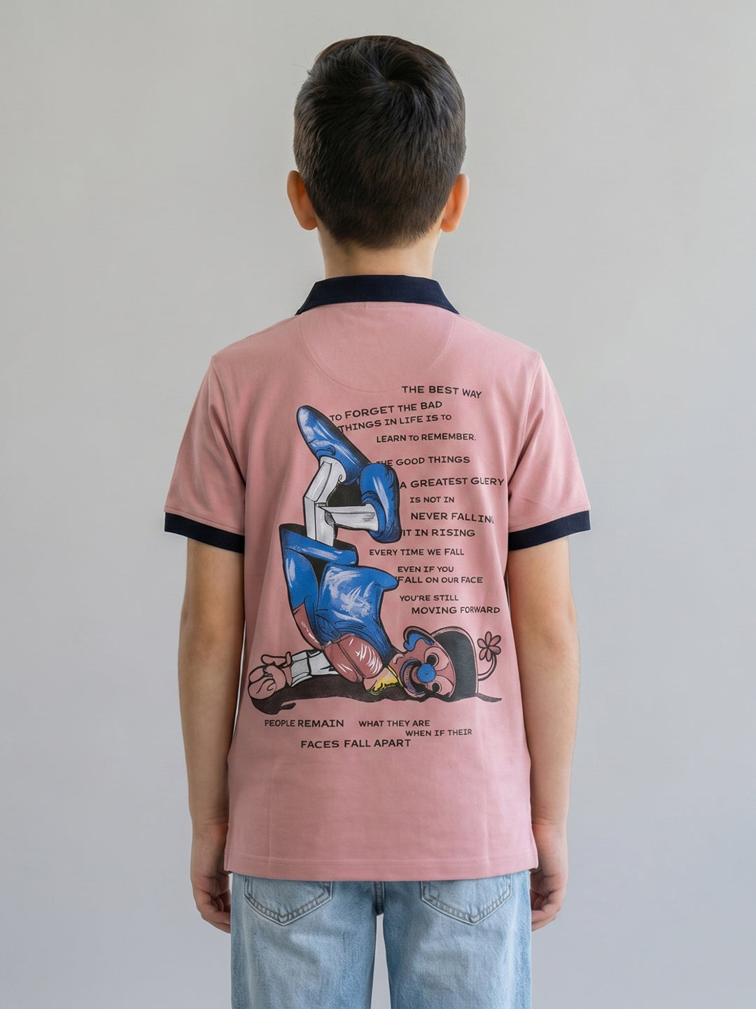 Boys Rose Red Printed Collar Half Sleeve T-Shirt