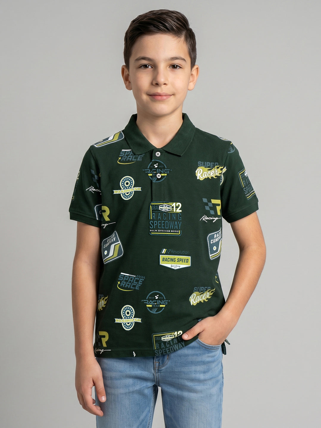 Boys Dark Green Printed Collar Half Sleeve T-Shirt