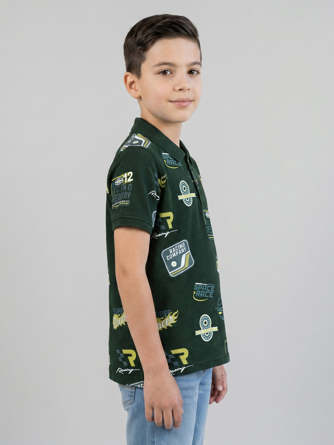 Boys Dark Green Printed Collar Half Sleeve T-Shirt