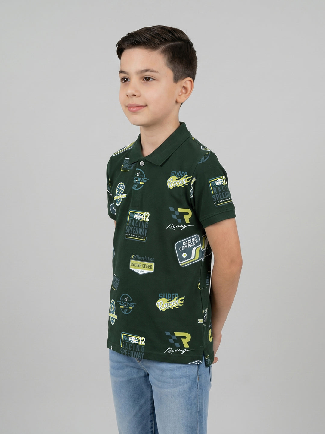Boys Dark Green Printed Collar Half Sleeve T-Shirt