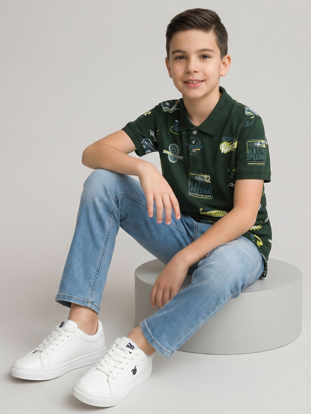 Boys Dark Green Printed Collar Half Sleeve T-Shirt