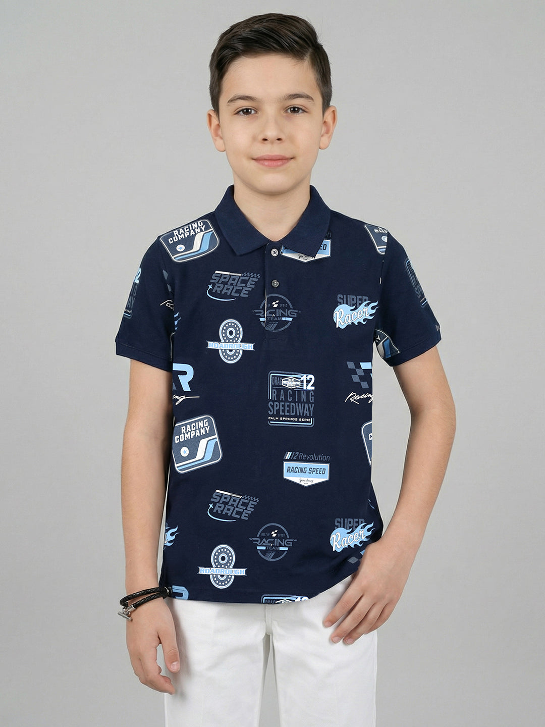 Boys Navy Blue Printed Collar Half Sleeve T-Shirt