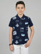 Boys Navy Blue Printed Collar Half Sleeve T-Shirt