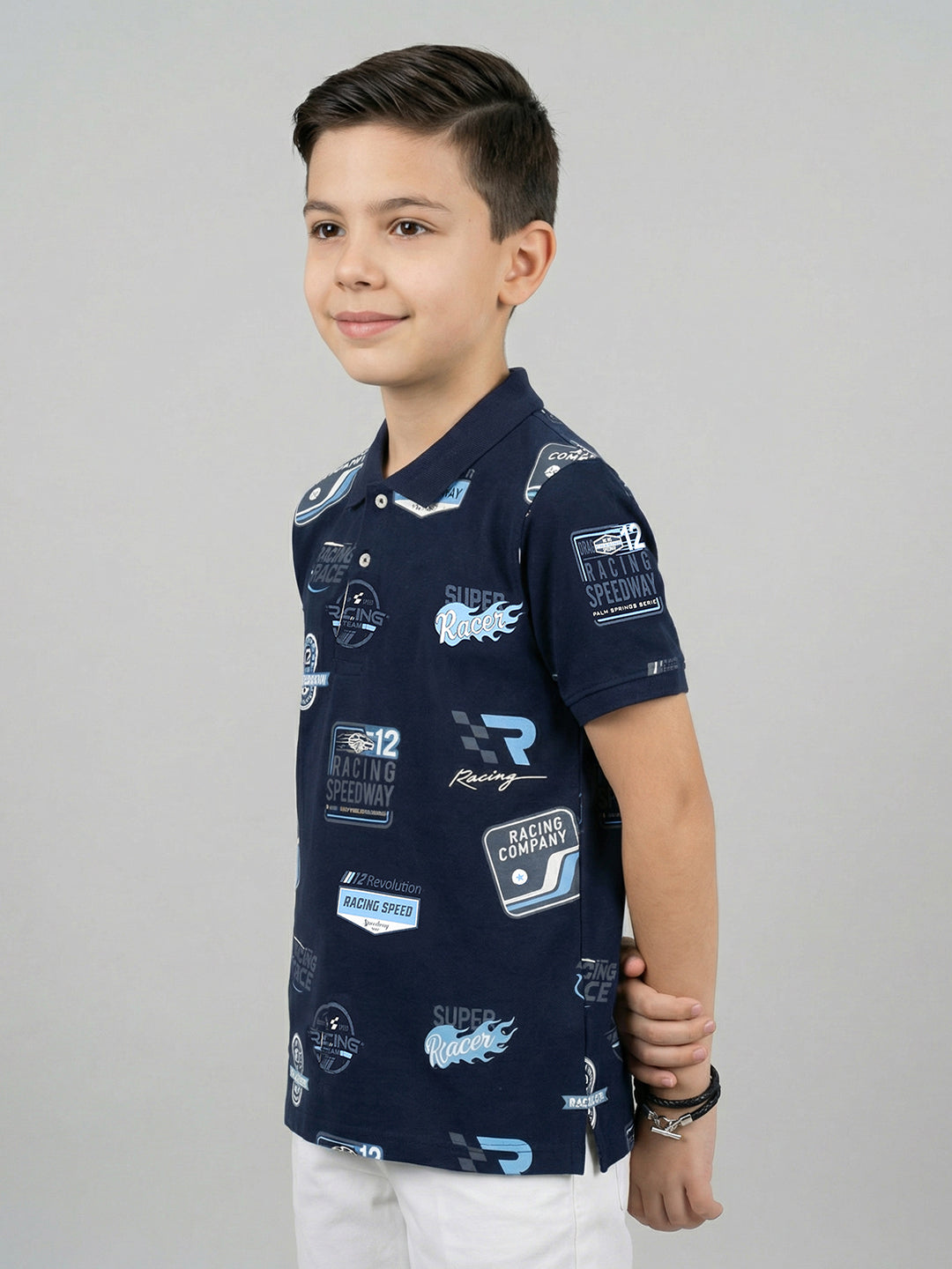 Boys Navy Blue Printed Collar Half Sleeve T-Shirt