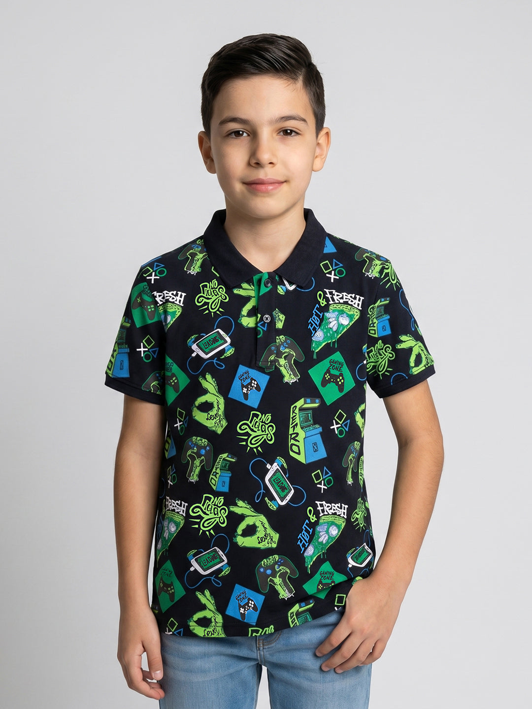Boys Navy Blue Printed Collar Half Sleeve T-Shirt