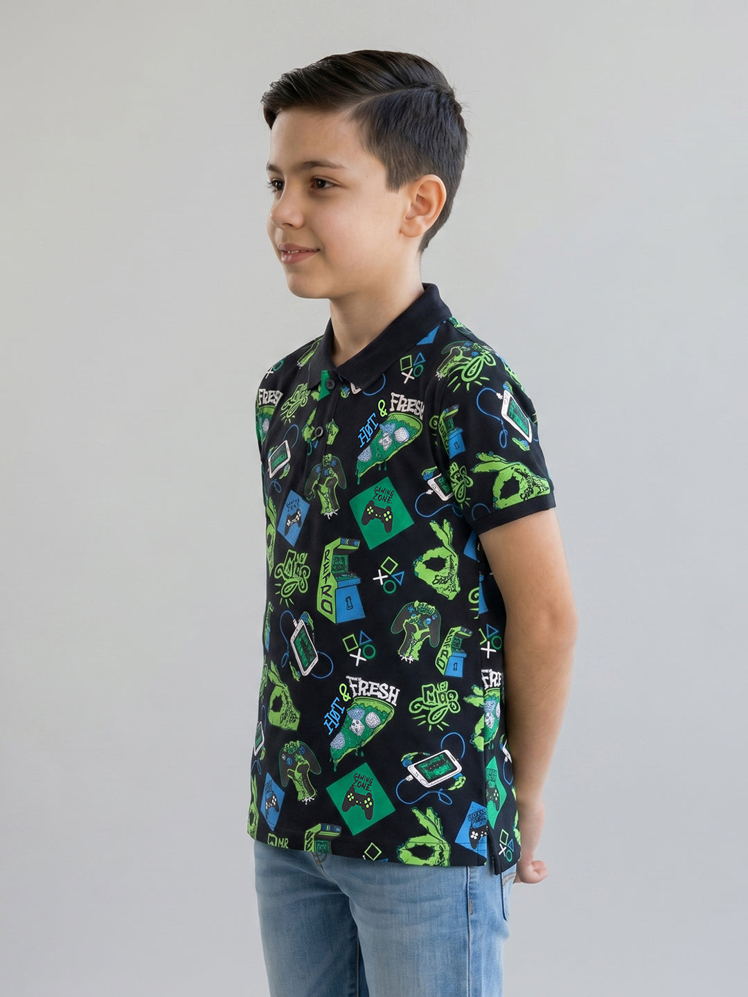Boys Navy Blue Printed Collar Half Sleeve T-Shirt