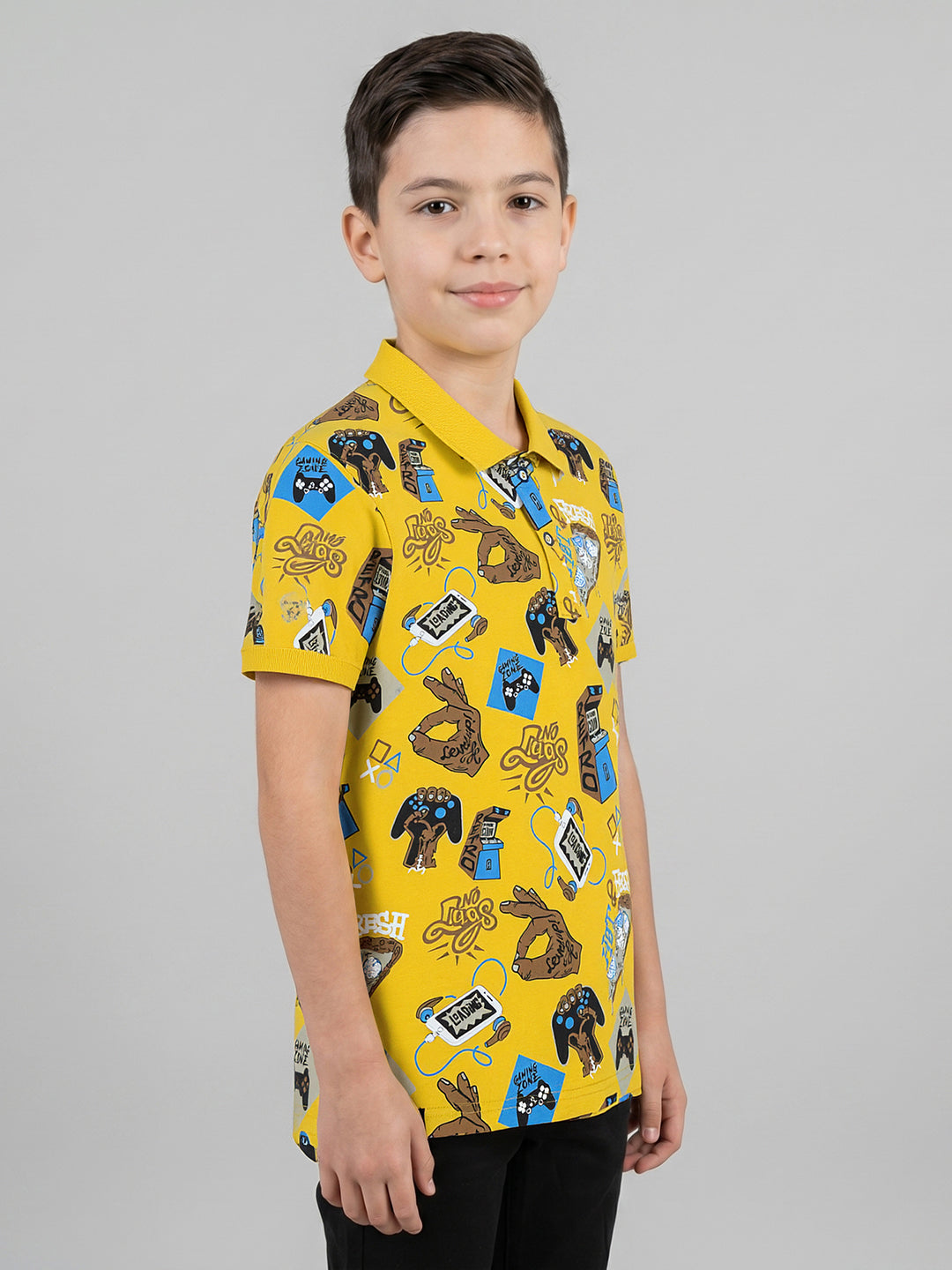 Boys Mustard Printed Collar Half Sleeve T-Shirt