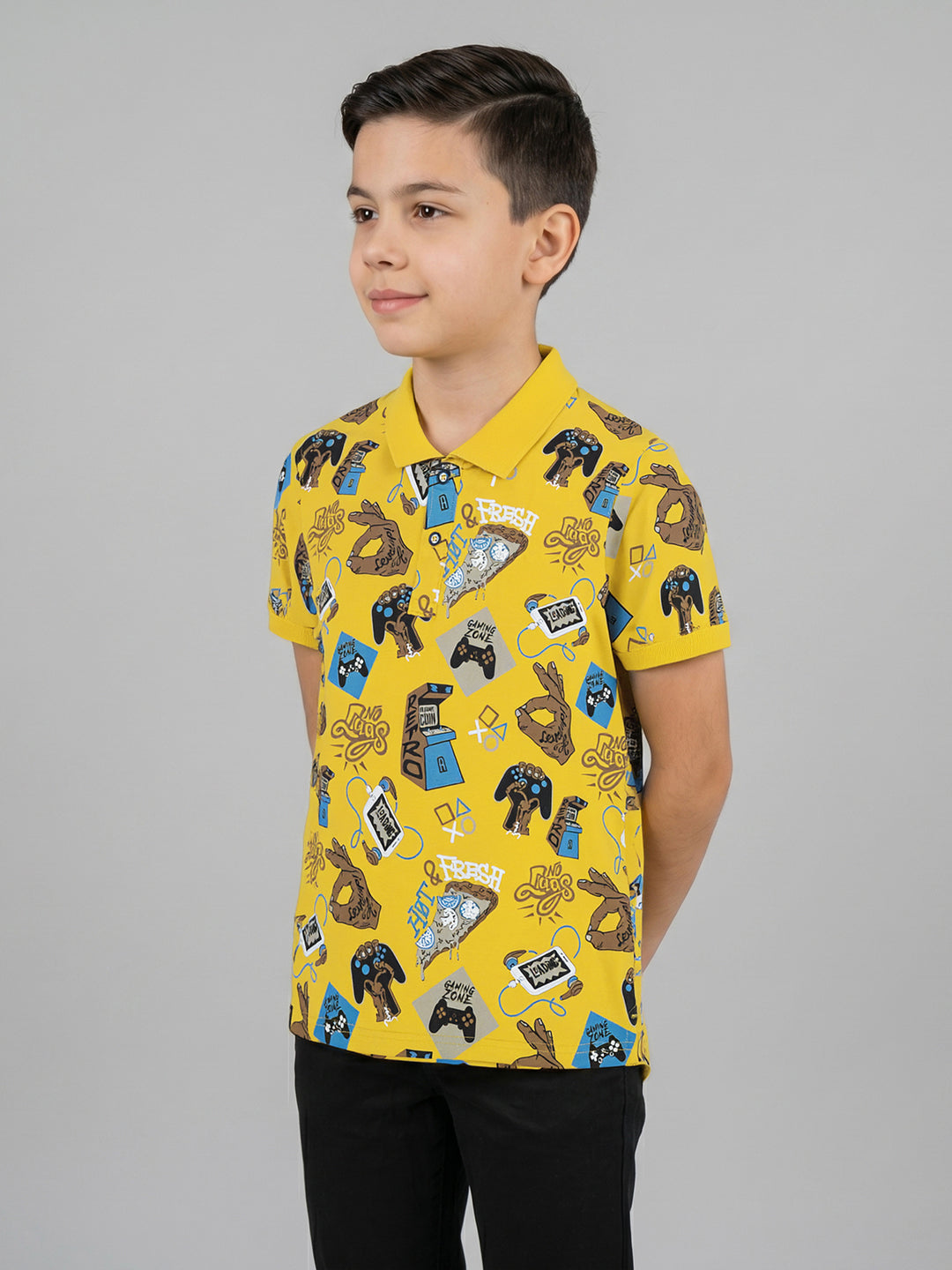 Boys Mustard Printed Collar Half Sleeve T-Shirt