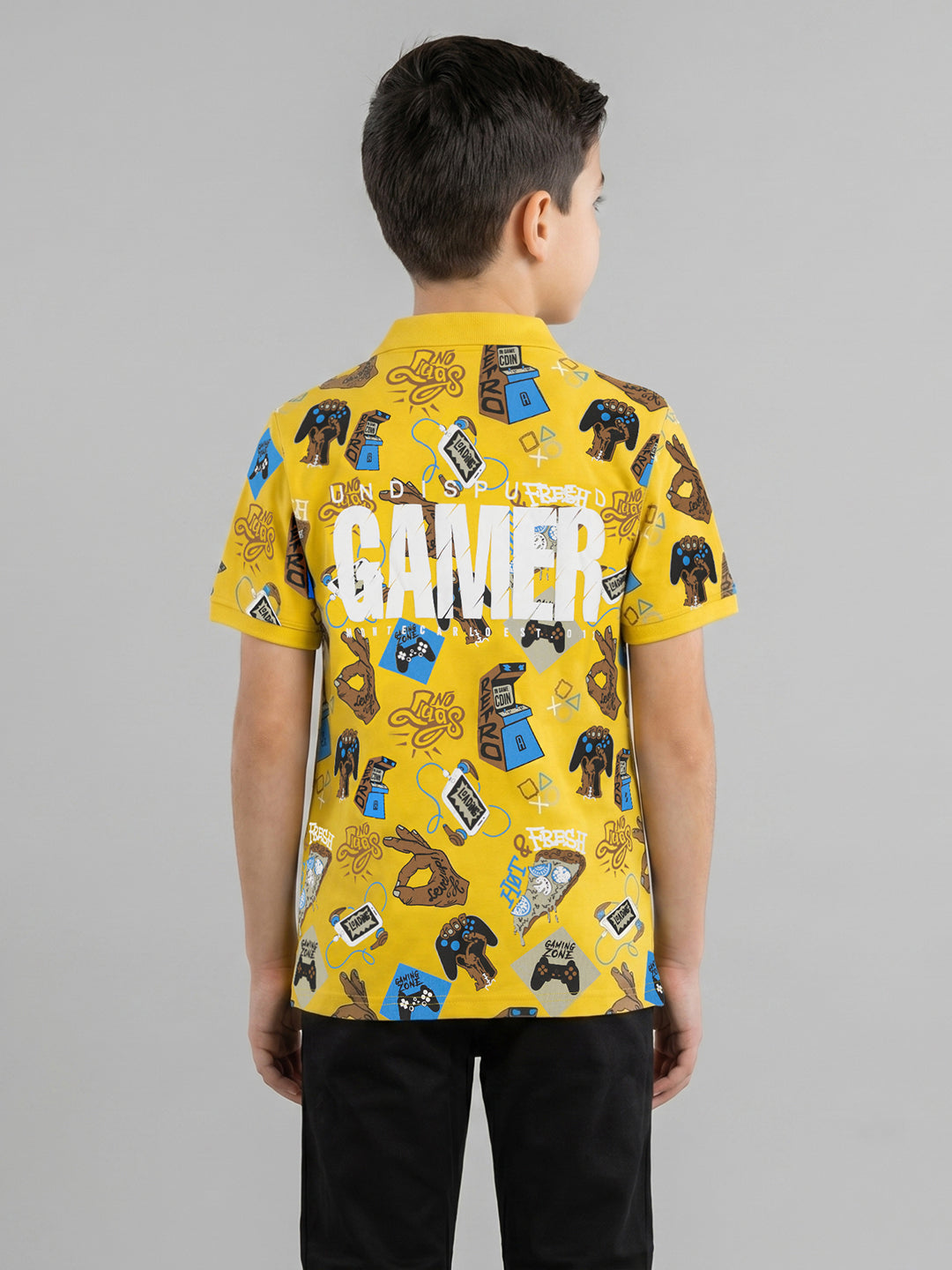 Boys Mustard Printed Collar Half Sleeve T-Shirt