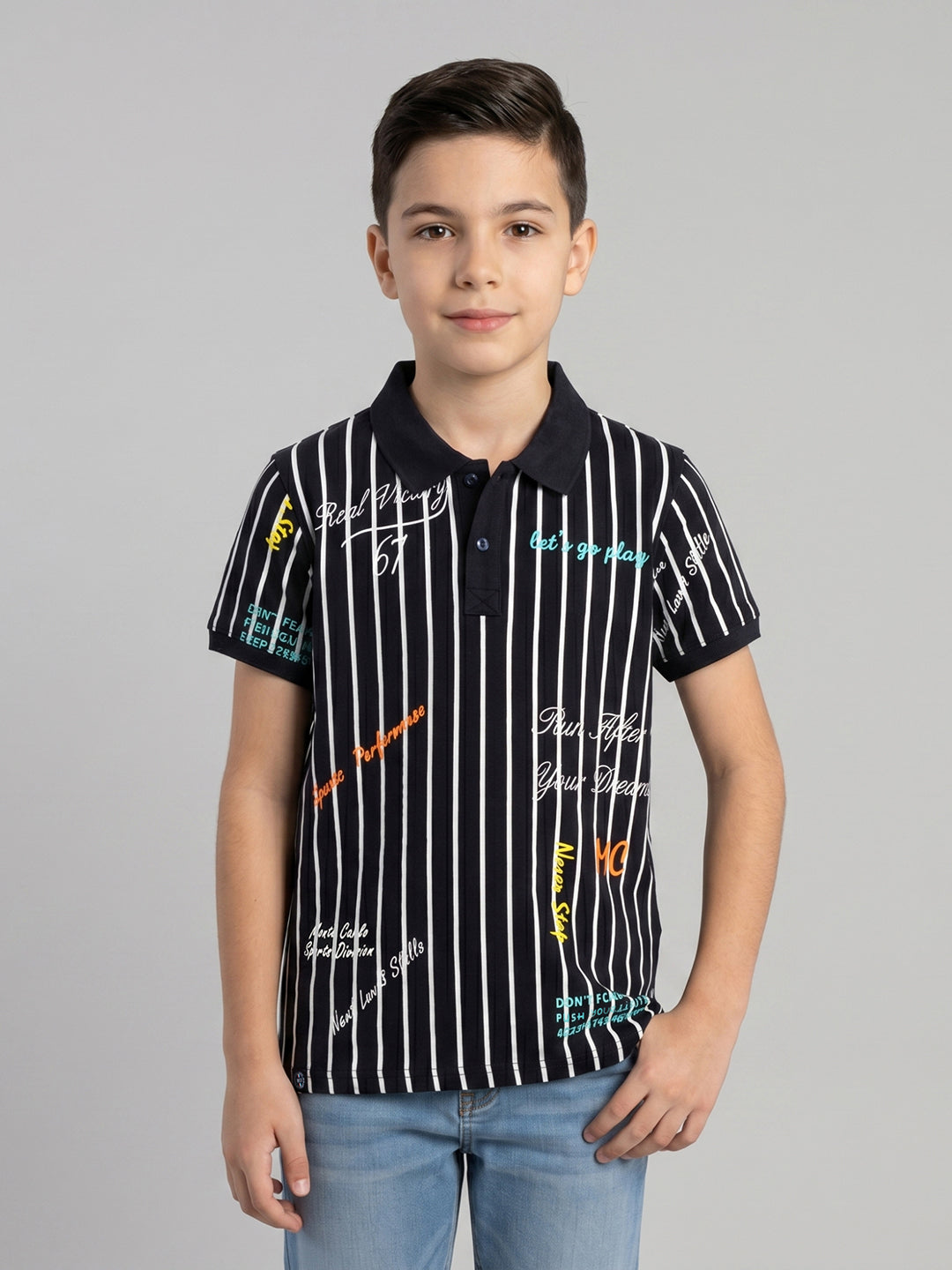 Boys Navy Blue Printed Collar Half Sleeve T-Shirt