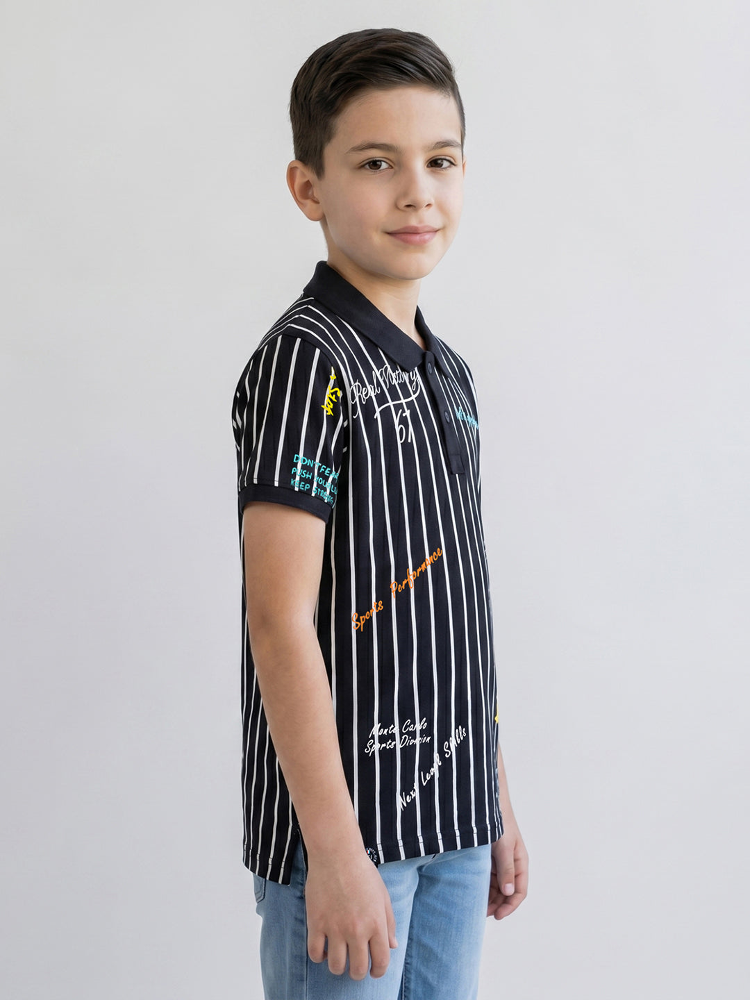 Boys Navy Blue Printed Collar Half Sleeve T-Shirt