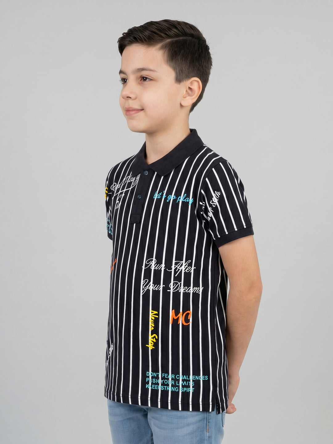 Boys Navy Blue Printed Collar Half Sleeve T-Shirt