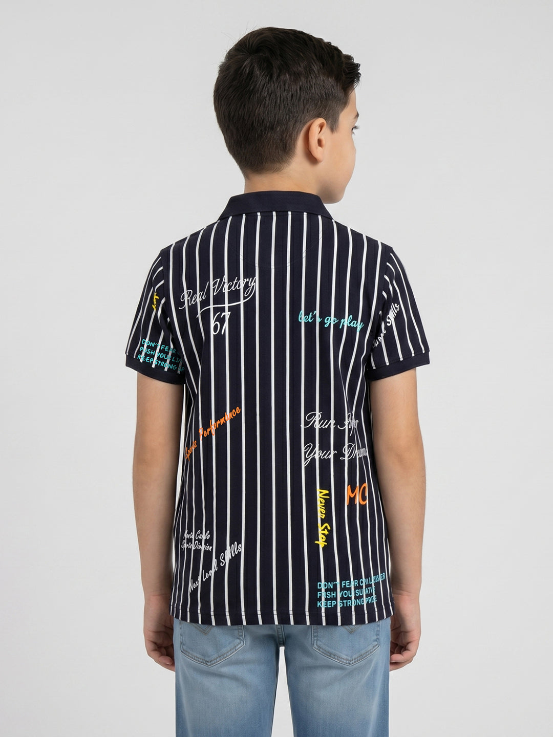 Boys Navy Blue Printed Collar Half Sleeve T-Shirt