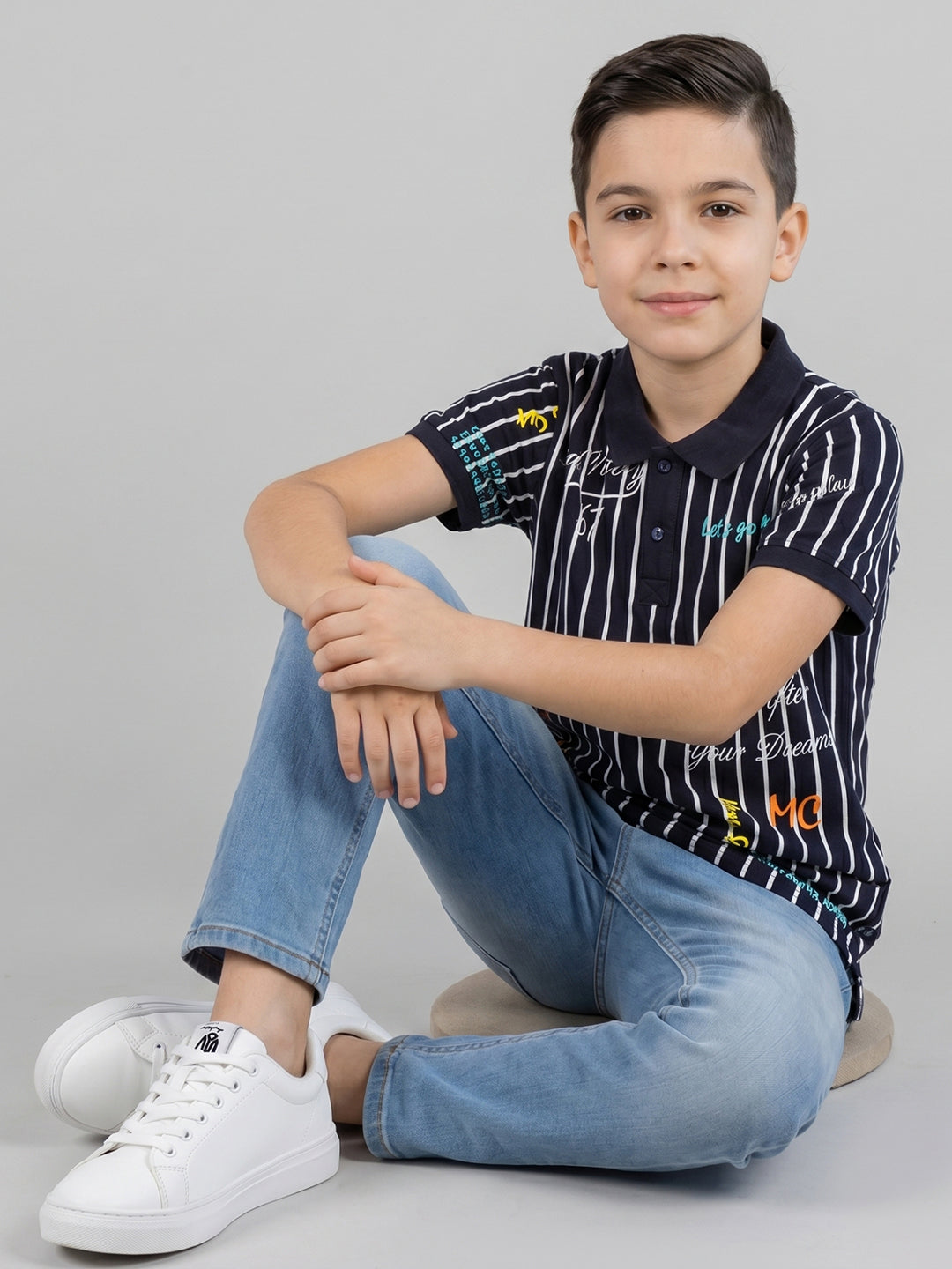 Boys Navy Blue Printed Collar Half Sleeve T-Shirt