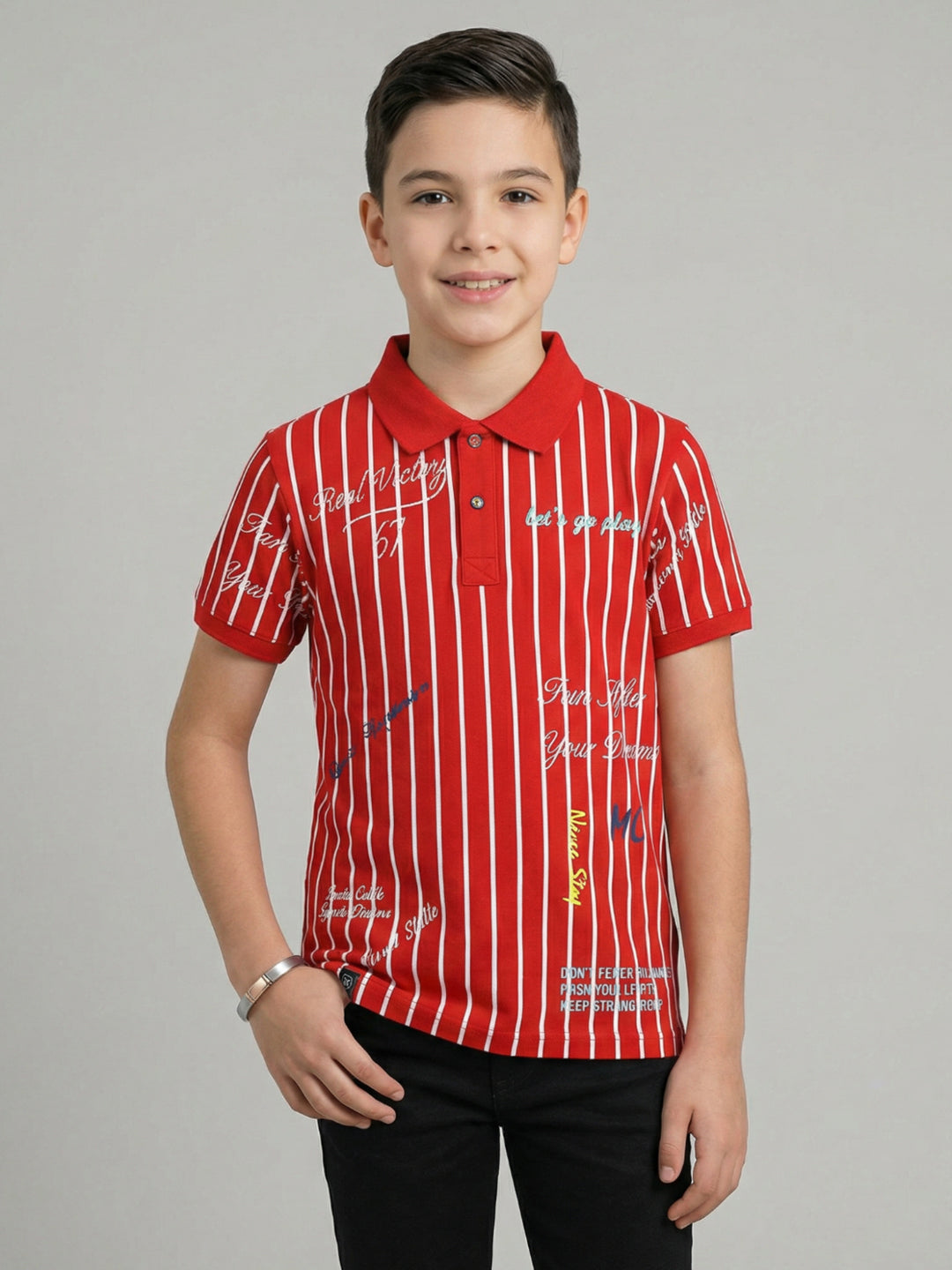 Boys Red Printed Collar Half Sleeve T-Shirt