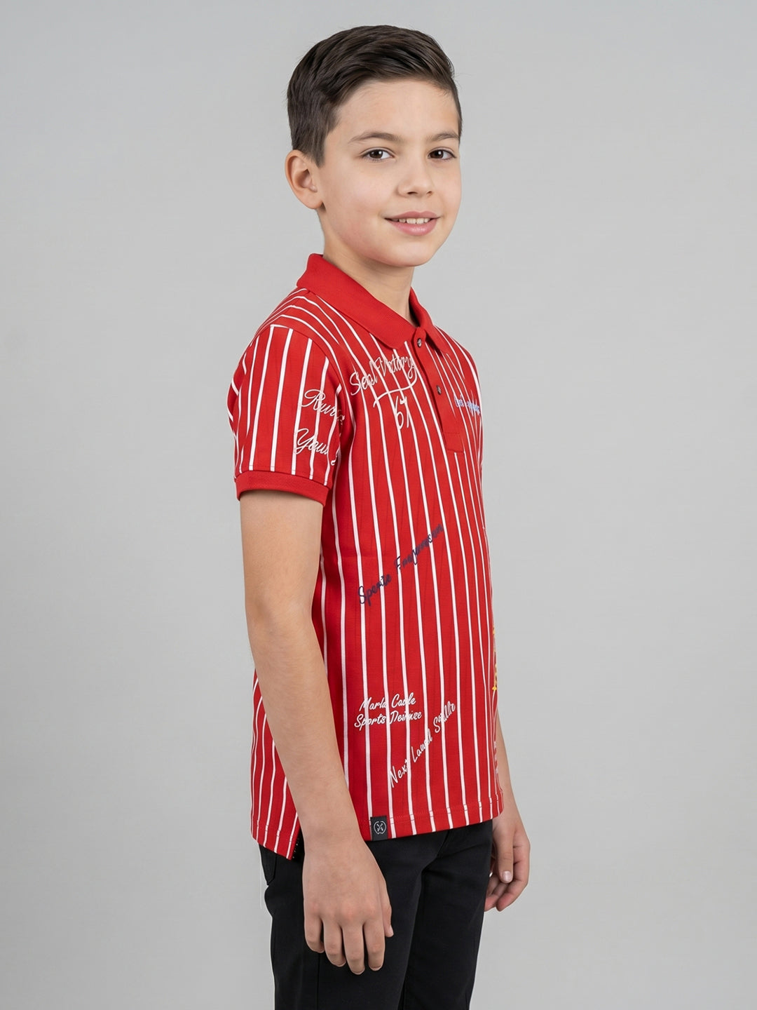 Boys Red Printed Collar Half Sleeve T-Shirt